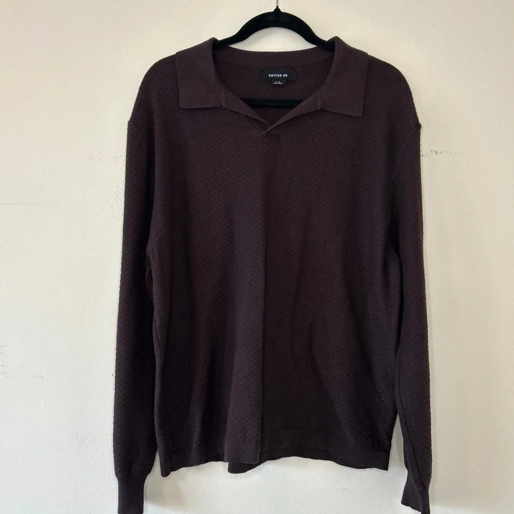 Cotton On‎ Men's Brown Cotton Textured Knit Long Sleeve Polo Sweater Large